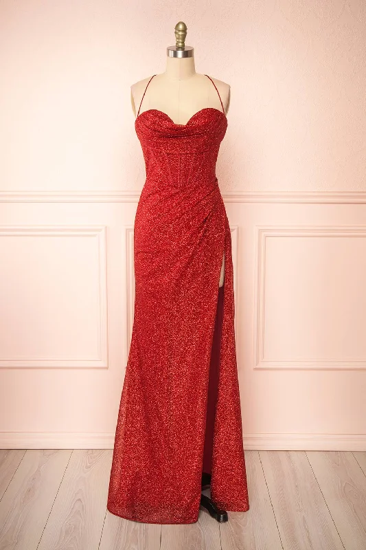 Limited Stock Available!Frosti Red | Sparkly Cowl Neck Maxi Dress