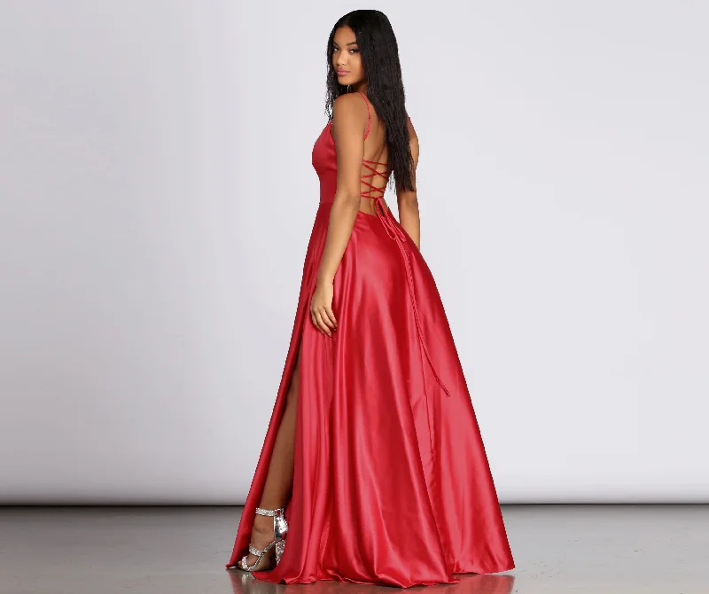 Hottest Discounts of the Year!Hallie Formal Satin Lattice Dress