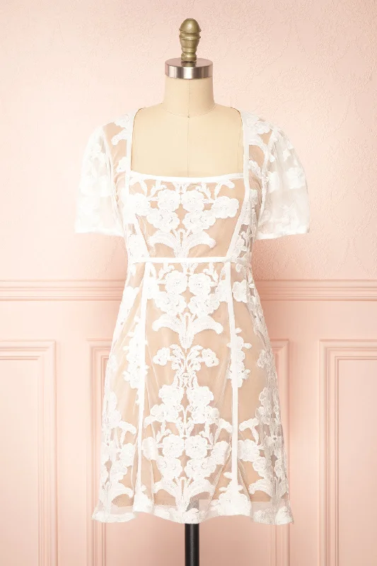 Your Exclusive Offer Awaits!Hansa | Short White Mesh Dress w/ Floral Embroidery