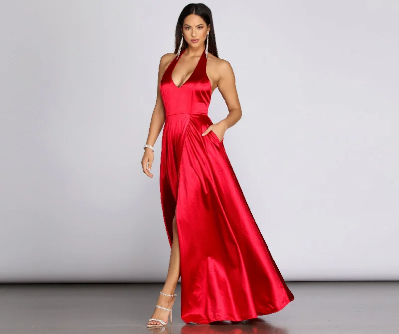 Flash Deals – Act Quickly!Hazel Formal Halter Satin Dress