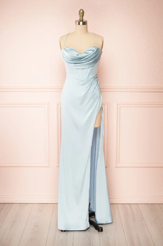 Score Huge Discounts Today!Kesha Blue | Corset Cowl Neck Maxi Dress