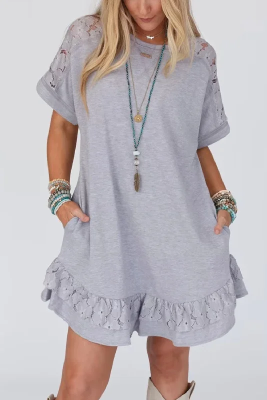Price Drop Alert!Lace Trim Ruffle T-Shirt Dress