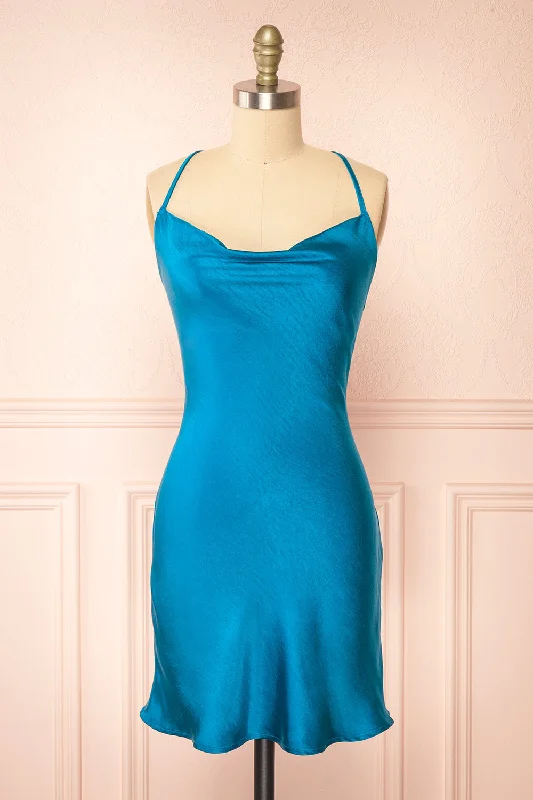 The Best Sale of the Year!Mariam | Short Blue Satin Dress w/ Open Back