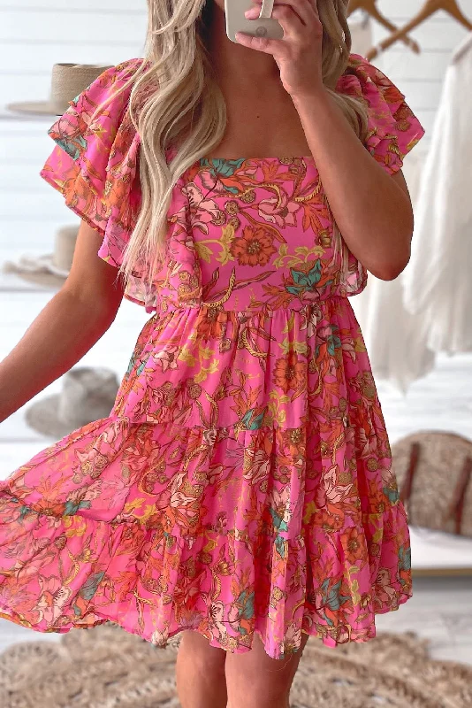 Buy One, Get One Free!Floral Ruffle Sleeve Tiered Dress