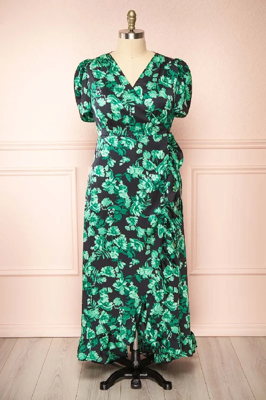 Huge Price Cuts Await!Sherin | Plus Size Floral Midi Wrap Dress w/ Ruffles