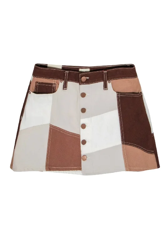 Save More When You Shop More!Alice & Olivia - Brown, White & Cream Patchwork Denim Miniskirt Sz 29 Save More When You Shop More!Alice & Olivia - Brown, White & Cream Patchwork Denim Miniskirt Sz 29