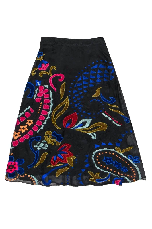Lowest Prices Guaranteed!Anthropologie - Black & Multicolor Velvet Embroidered Midi Skirt Sz 6 Lowest Prices Guaranteed!Anthropologie - Black & Multicolor Velvet Embroidered Midi Skirt Sz 6