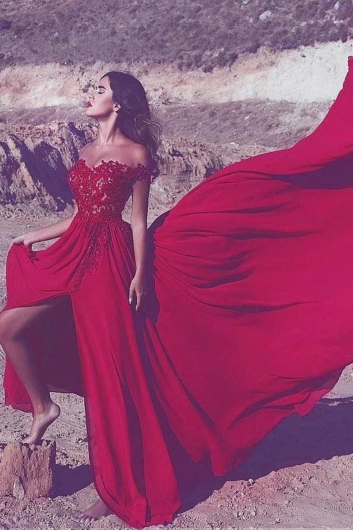 Huge Savings – Act Now!Appliques Lace Red Long Prom Dress with Off-the-shoulder