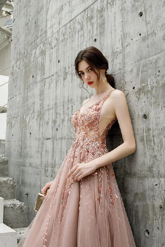 Snag the Best Prices Now!Beautiful Tulle A Line V Neck Pink Beads Straps Prom Dresses, Elegant Long Dance Formal Dress    cg20824