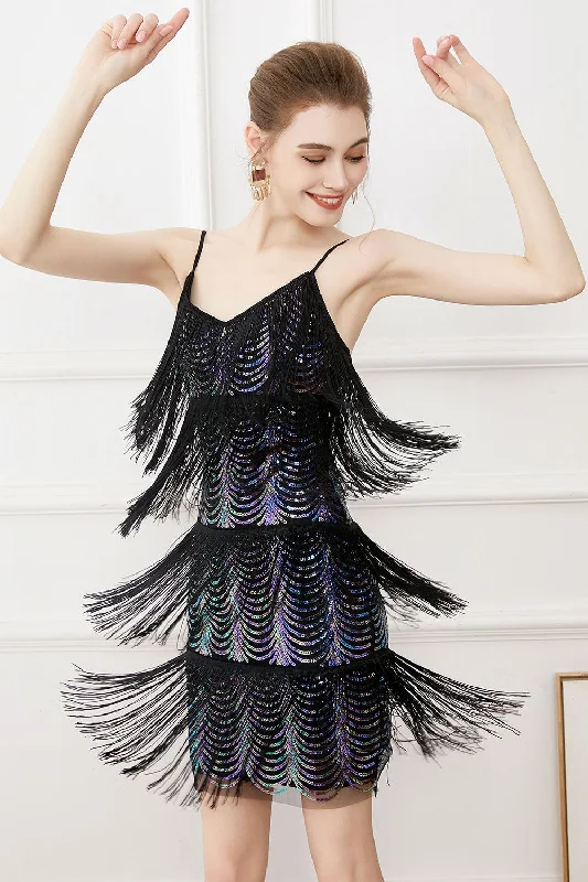 Best Offers of the Month!Black Friges Spaghetti Straps 1920s Dress