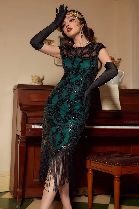 Incredible Savings Inside!Black&Green Sequins 1920s Dress with Tassel