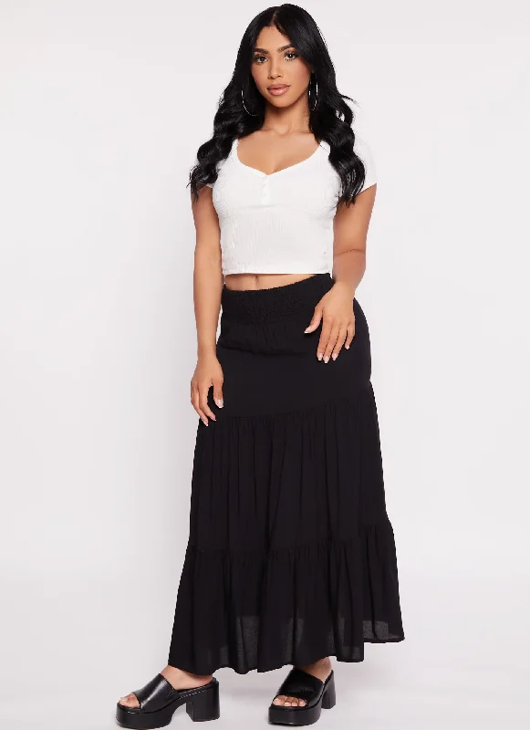 Save Up to 50% Off!Smocked Waist Tiered Maxi Skirt