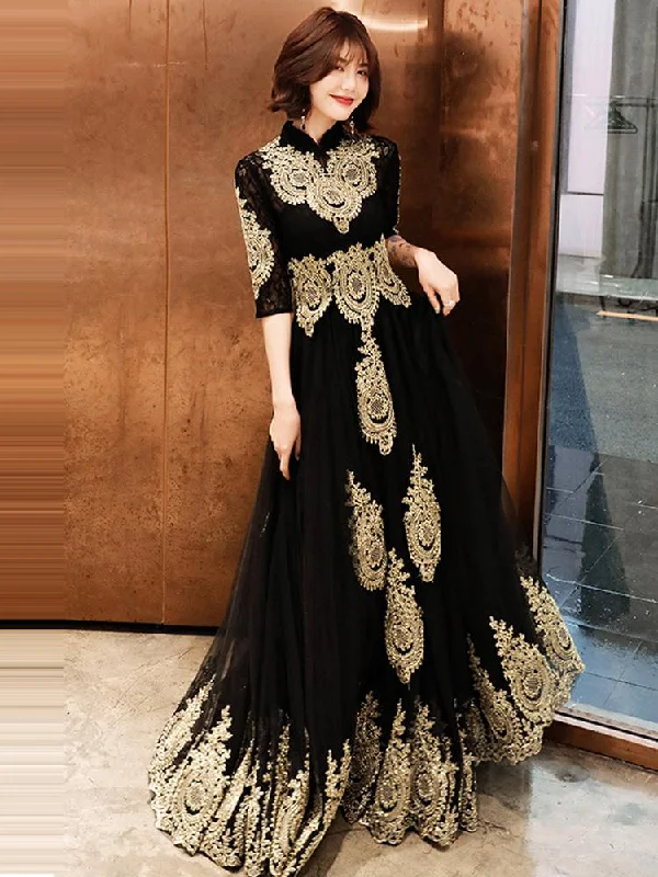 New Discounts Just Dropped!Black Tulle 1/2 Sleeves With Gold Lace Applique Party Dress, Charming Black Evening Dress Prom Dress cg20826 New Discounts Just Dropped!Black Tulle 1/2 Sleeves With Gold Lace Applique Party Dress, Charming Black Evening Dress Prom Dress cg20826