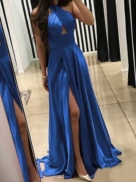Special Offer – Act Fast!Blue satin long prom dress, evening dress    cg20742