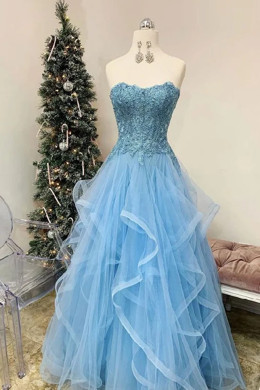 Biggest Sale of the Season!Blue Sweetheart Applique Bodice Ruffles Prom Dress Blue Tulle Formal Dress cg20863 Biggest Sale of the Season!Blue Sweetheart Applique Bodice Ruffles Prom Dress Blue Tulle Formal Dress cg20863