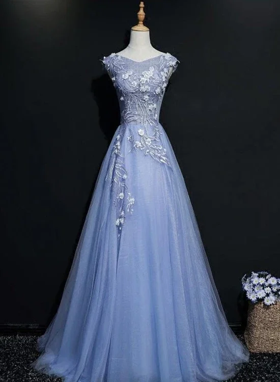 Your Wallet Will Thank You!Blue Tulle V-Neck Lace Flowers A-Line Prom Dress, Blue Formal Dress Evening Dress    cg20881