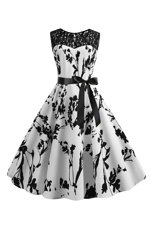 Buy More, Pay Less!Boat Neck Sleeveless Printed White 1950s Dress with Sash