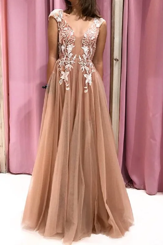 Time to Save Big!Cap Sleeves V Neck Open Back Champagne Lace Long Prom Dress    cg20840