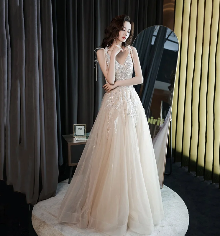 Massive Price Cuts!CHAMPAGNE V NECK TULLE BEADS LONG PROM DRESS EVENING DRESS cg20810 Massive Price Cuts!CHAMPAGNE V NECK TULLE BEADS LONG PROM DRESS EVENING DRESS cg20810