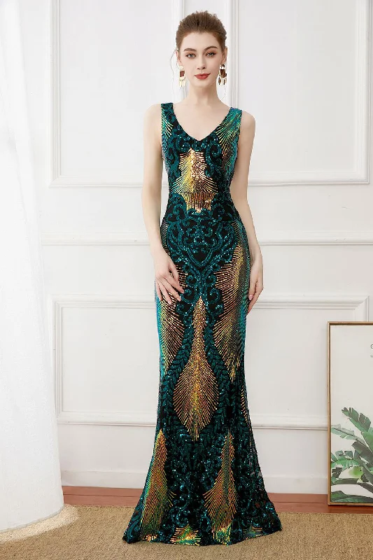 Unbeatable Prices!Dark Green Sequins Sheath Long 1920s Dress
