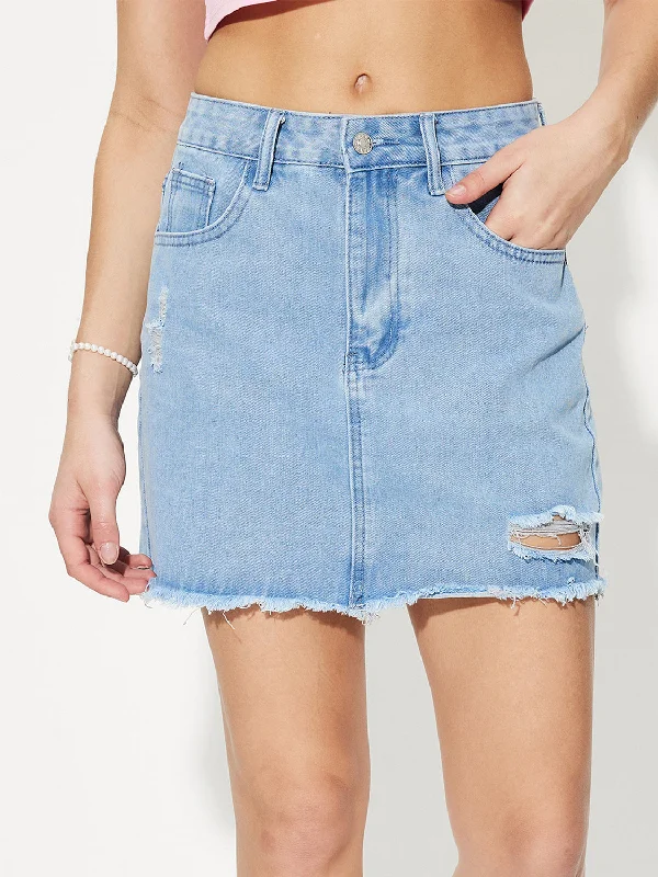 Time to Snag a Bargain!Distressed Raw Hem Mini Denim Skirt