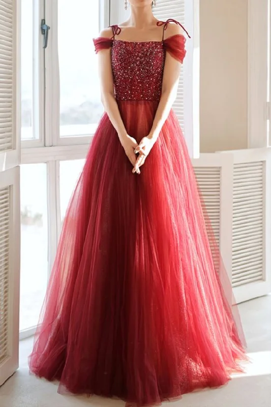Your Shopping Wish, Our Discount Command!elegant A-line burgundy tulle long prom dress with spaghetti straps and off the shoulder neckline cg20866 Your Shopping Wish, Our Discount Command!elegant A-line burgundy tulle long prom dress with spaghetti straps and off the shoulder neckline cg20866
