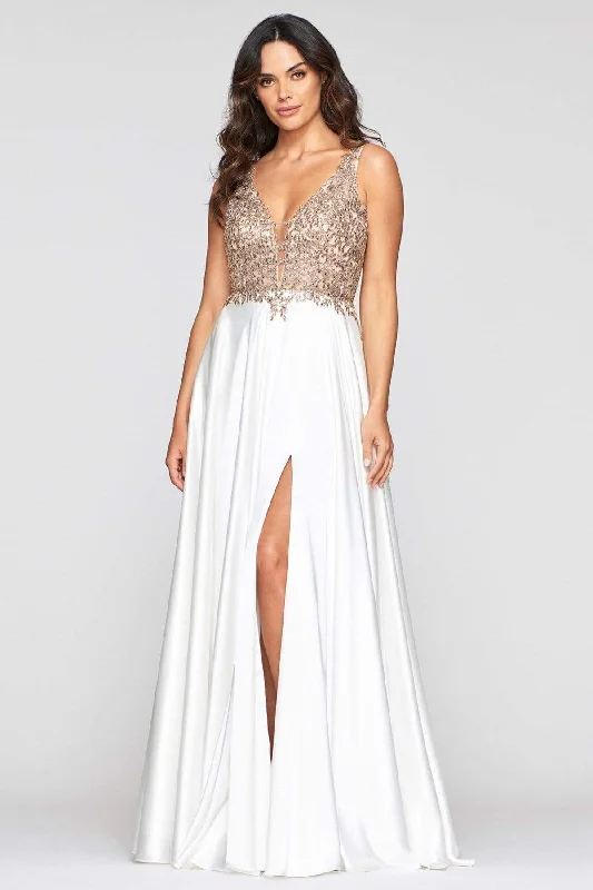 Save Like Never Before!Faviana - Lace Bodice Satin High Slit Dress 10407