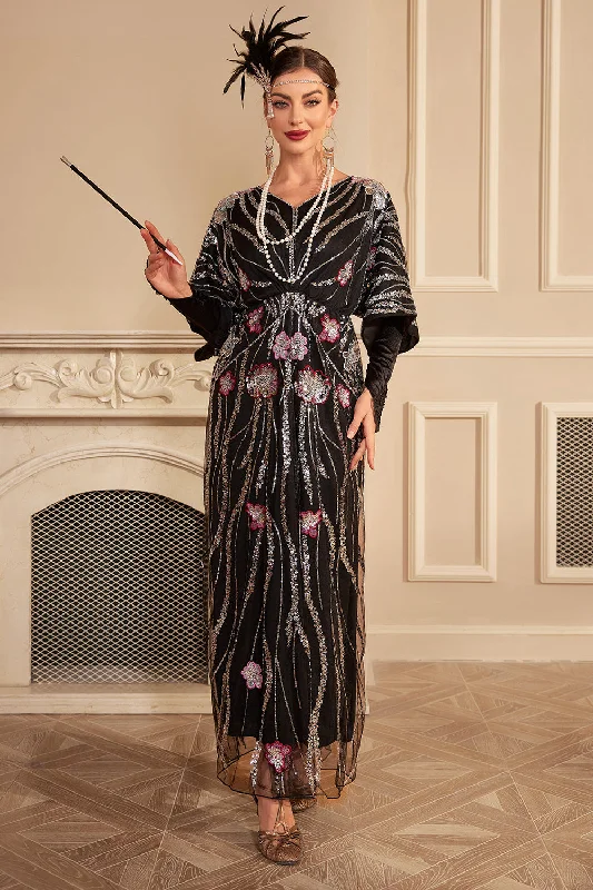 Hottest Discounts of the Year!Glitter Black Batwing Sleeves Sequins Long 1920s Flapper Dress