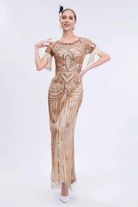 Buy More, Save More!Goden Sheath Long 1920s Dress with Fringes