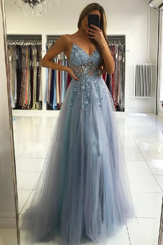 Save Like Never Before!GRAY BLUE V NECK TULLE BEADS LONG PROM DRESS BLUE FORMAL DRESS cg20836 Save Like Never Before!GRAY BLUE V NECK TULLE BEADS LONG PROM DRESS BLUE FORMAL DRESS cg20836