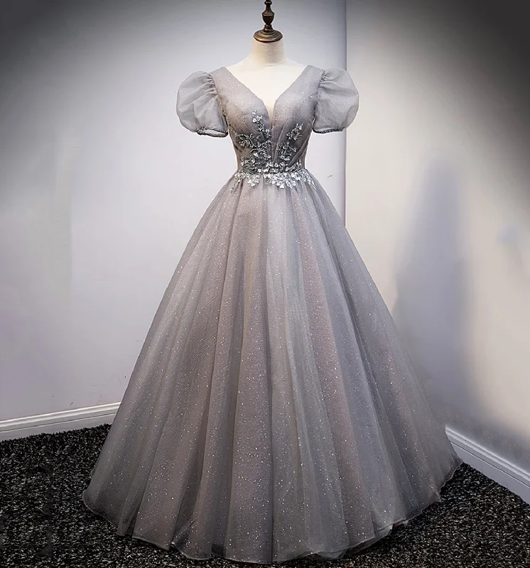 Buy One, Get One Free!GRAY V NECK TULLE LONG A LINE PROM DRESS EVENING DRESS cg20773 Buy One, Get One Free!GRAY V NECK TULLE LONG A LINE PROM DRESS EVENING DRESS cg20773