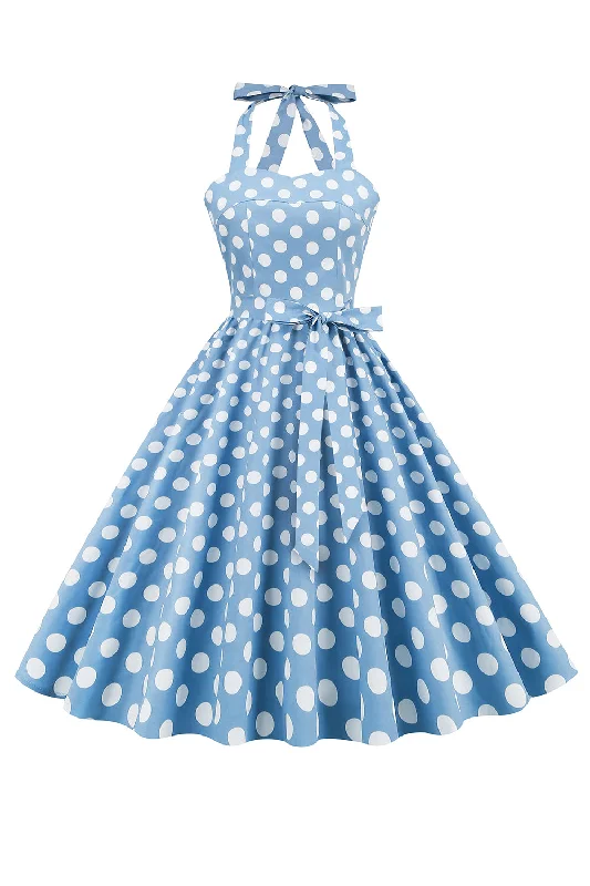Get More for Less!Halter Blue Polka Dots 1950s Dress