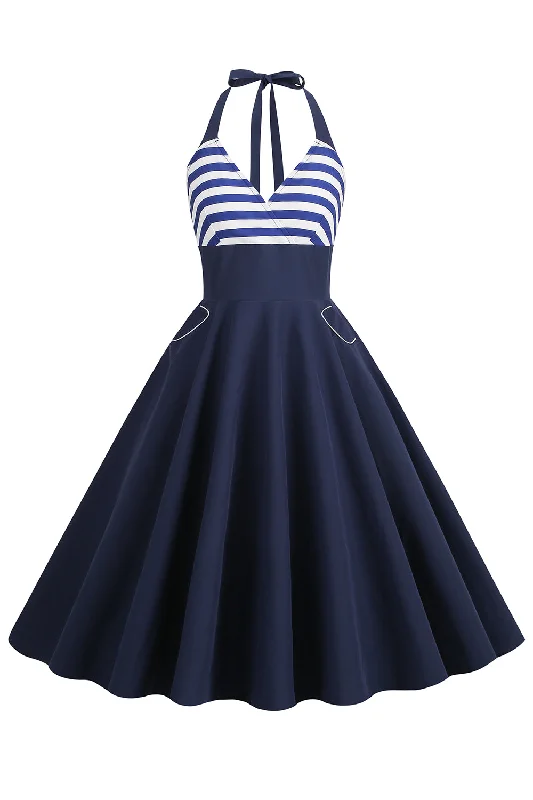 Unbeatable Prices!Halter Stripe Blue Swing Retro Dress With Pockets