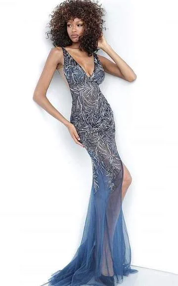 Time to Save Big!Jovani - Deep V-Neck Tulle Trumpet Dress 1863SC