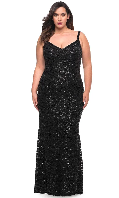 Your Chance to Save is Now!La Femme 29622 - V-Striped Evening Dress