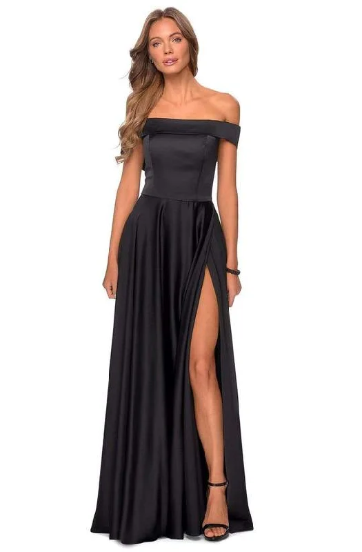 Savings You Can’t Ignore!La Femme - Off Shoulder Satin A-Line Dress 28978SC - 1 pc Black In Size 18 Available Savings You Can’t Ignore!La Femme - Off Shoulder Satin A-Line Dress 28978SC - 1 pc Black In Size 18 Available
