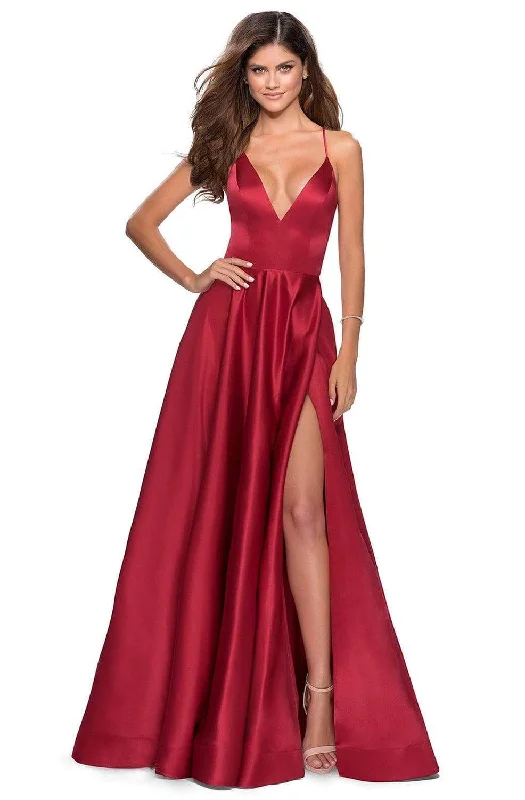 Limited Edition, Limited Price!La Femme - Plunging V-Neck Fitted Satin A-Line Dress 28628SC Limited Edition, Limited Price!La Femme - Plunging V-Neck Fitted Satin A-Line Dress 28628SC