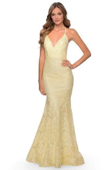 Steals and Deals Await!La Femme - Plunging V-Neck Thin Straps Mermaid Dress 28643SC - 1 pc Pale Yellow In Size 4 Available Steals and Deals Await!La Femme - Plunging V-Neck Thin Straps Mermaid Dress 28643SC - 1 pc Pale Yellow In Size 4 Available