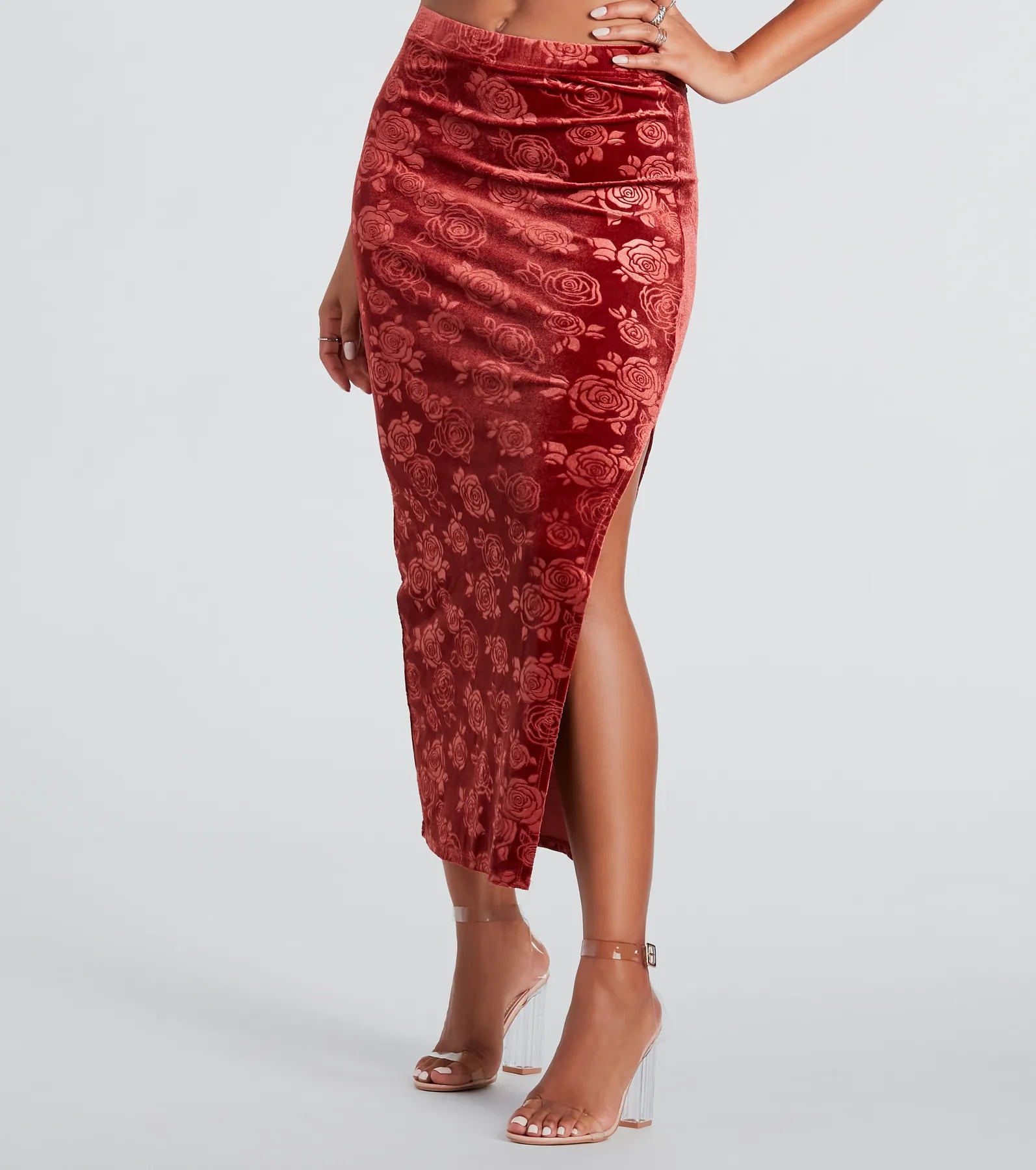 The Best Deals Won’t Wait!Loves Me Velvet Floral Midi Skirt