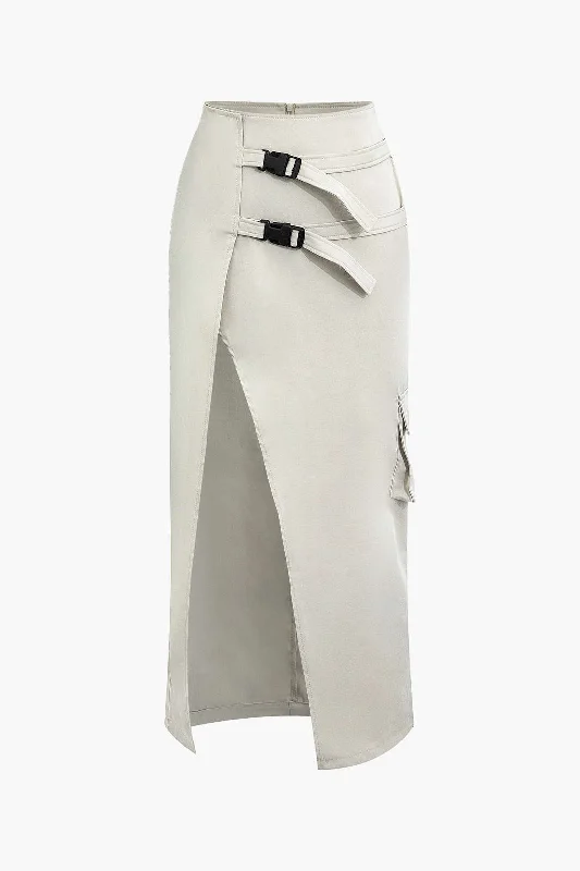 Must-Have Deals Inside!Asymmetric Belted Flap Pocket Split Maxi Skirt