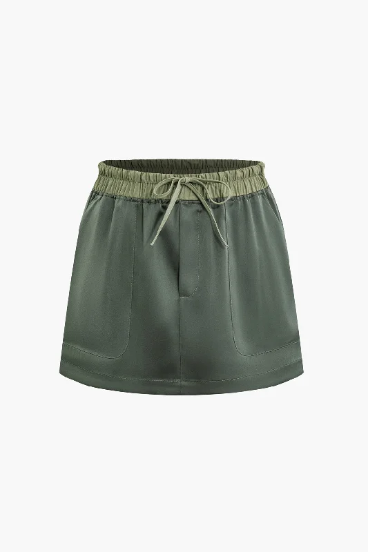 Limited Edition, Limited Price!Contrast Tie-Up Elastic Waistband Skirt