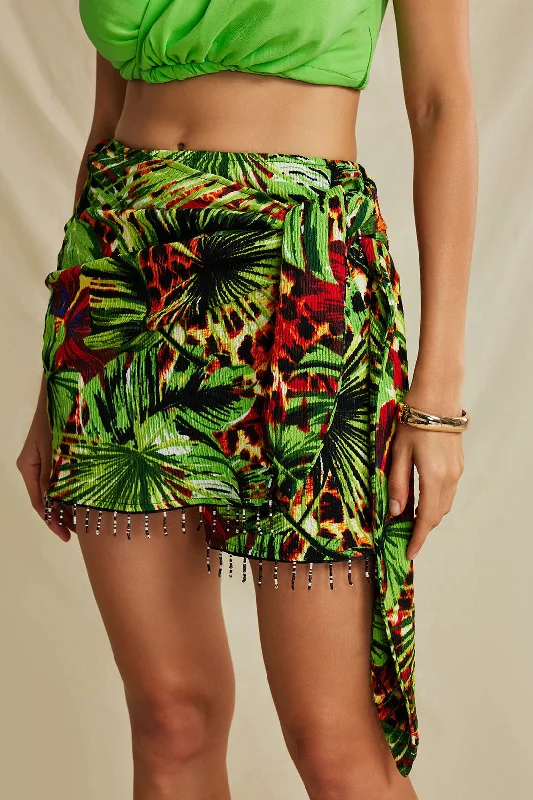 Score Big Savings Today!Palm Leaf Print Fringe Knot Mini Skirt