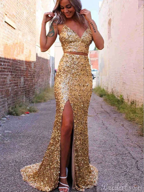 Upgrade for Less!Mermaid Two Pieces Gold Sequin Side Slit Modest Party Long Prom Dresses PD366 Upgrade for Less!Mermaid Two Pieces Gold Sequin Side Slit Modest Party Long Prom Dresses PD366