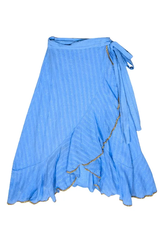 Price Drops You’ll Love!MISA Los Angeles - Sky Blue Ruffled Wrap Skirt w/ Golden Trim Sz S Price Drops You’ll Love!MISA Los Angeles - Sky Blue Ruffled Wrap Skirt w/ Golden Trim Sz S
