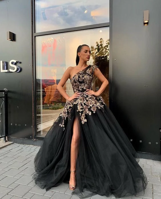 Hottest Discounts of the Year!Modest Ball Gown One Shoulder Black Tulle Prom Eevning Dresses with Side Split cg20748 Hottest Discounts of the Year!Modest Ball Gown One Shoulder Black Tulle Prom Eevning Dresses with Side Split cg20748