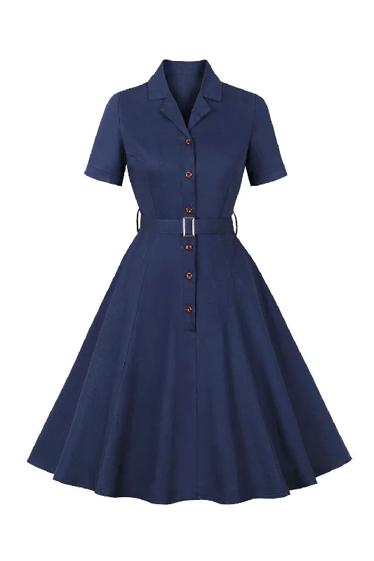 Exclusive Savings This Week!Navy Short Sleeves Button 1950s Dress
