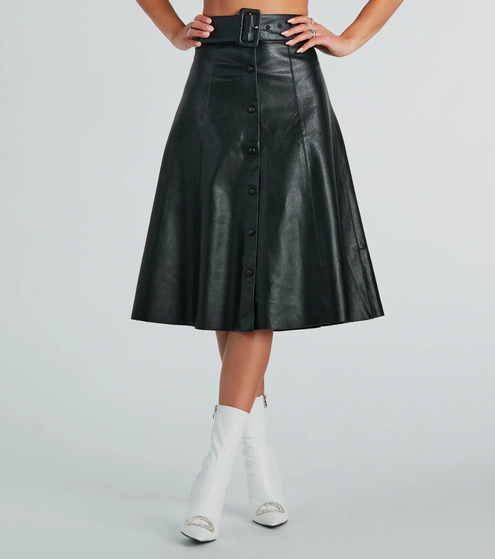 Save More When You Shop More!On The Go Girl Faux Leather A-Line Midi Skirt