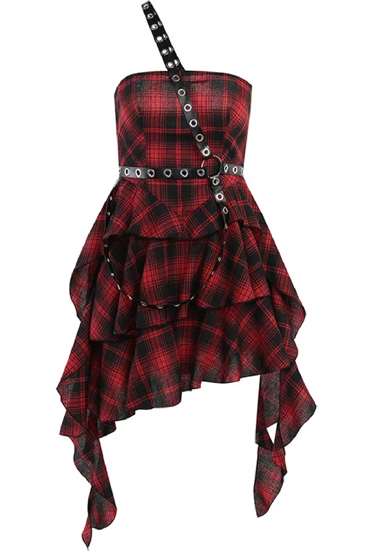 Hottest Discounts of the Year!One Shoulder Red Plaid Asymmetrical Vintage Dress