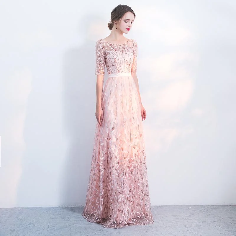 One Click Away from Big Savings!Pink Short Sleeves Lace Floral Party Dress, A-Line Wedding Party Dress prom Dress    cg20823