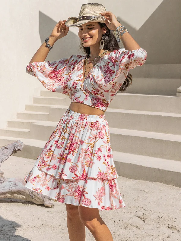 Your Exclusive Offer Awaits!Printed Half Sleeve Top and Layered Skirt Set